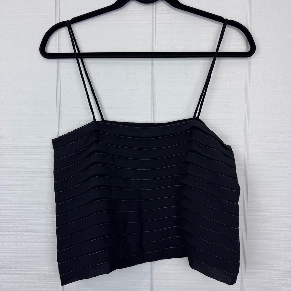 Liz Claiborne Black Pleated Cropped Tank Top Blouse Gold Thread Striped Size 12